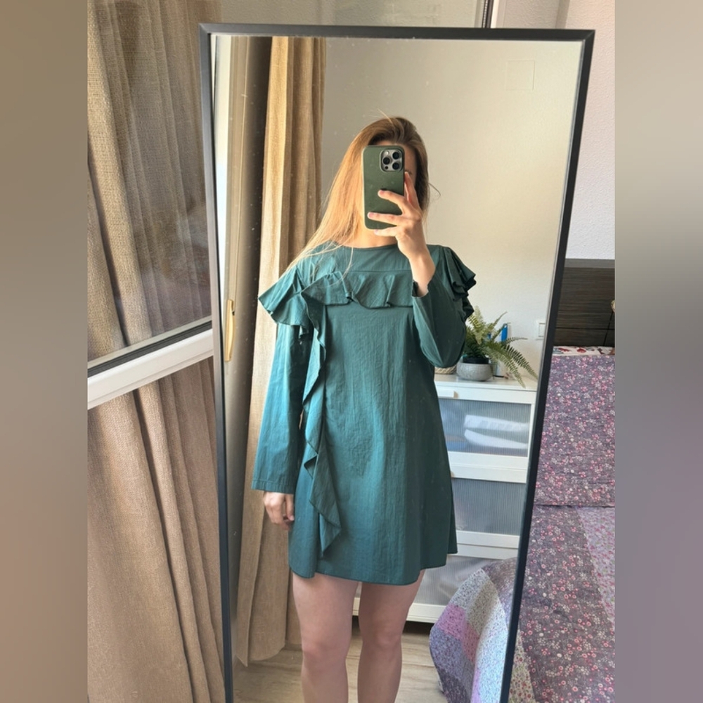 Chic Teal Ruffle Long Sleeve Dress